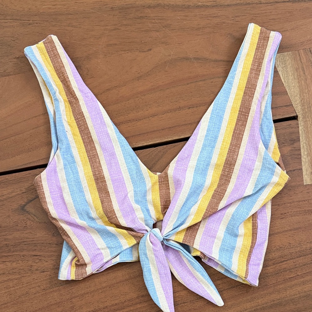 Montce Pastel Stripe Tie-Front Bikini Top — Blue, Purple, Yellow, Brown